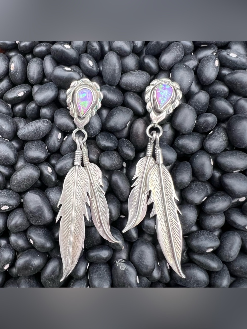 Running Bear Opal Feather Dangle Earrings